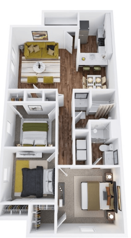 Floor plan for 3 beds, 2 baths, 1043 sqft